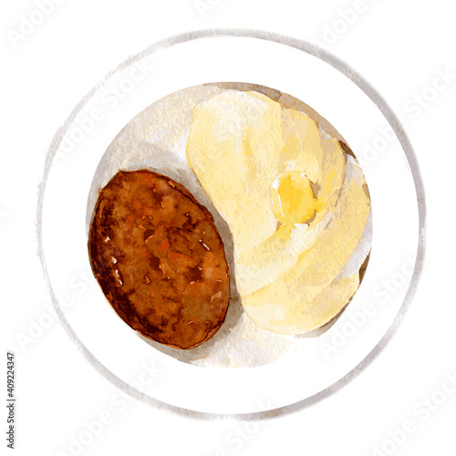Cutlets, mashed potatoes. Russian home cooking. Hand drawn watercolor illustration isolated on white background. Vector