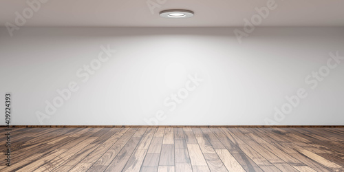Fototapeta Naklejka Na Ścianę i Meble -  Empty white room with wooden floor 3d render illustration with bright light from ceiling 3d render illustration