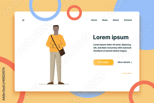 Cartoon dark skinned guy in casual with bag. Full length of black male student flat vector illustration. Fashion, trendy young man concept for banner, website design or landing web page