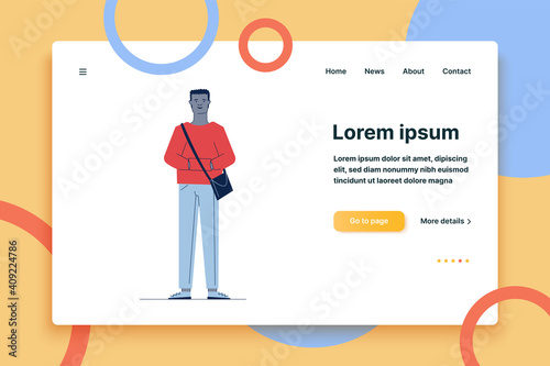 Cartoon dark skinned guy in casual with bag. Full length of black male student flat vector illustration. Fashion, trendy young man concept for banner, website design or landing web page