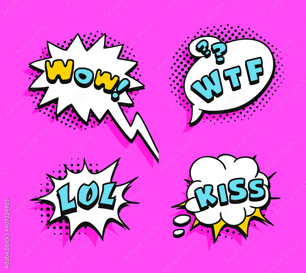 Pop art speech bubble drawing with text. Cartoon style vector collection of frames. Comic illustration on color background Pop art speech bubble drawing with text. Cartoon style vector collection of frames. Comic illustration on color background