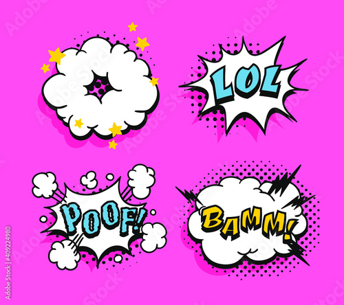 Pop art speech bubble drawing with text. Cartoon style vector collection of frames. Comic illustration on color background