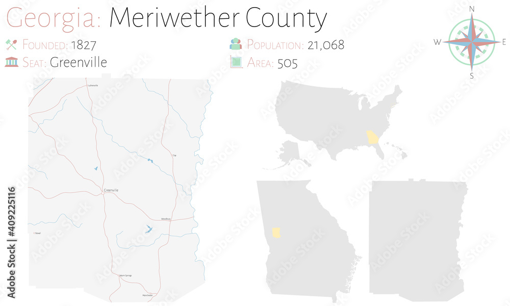 Large and detailed map of Meriwether county in Georgia, USA.