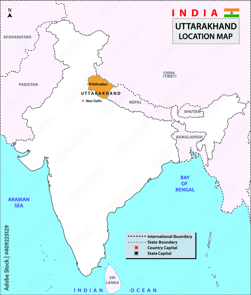 Uttarakhand Map. Highlight Uttarakhand map on India map with a boundary ...