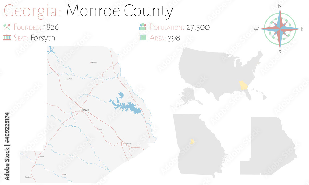 Large and detailed map of Monroe county in Georgia, USA.