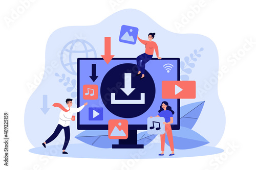 Multimedia content upload interface. Internet users downloading music, video piratic files. Tiny people at computer screen. Flat vector illustration for torrent data, digital content sharing concept