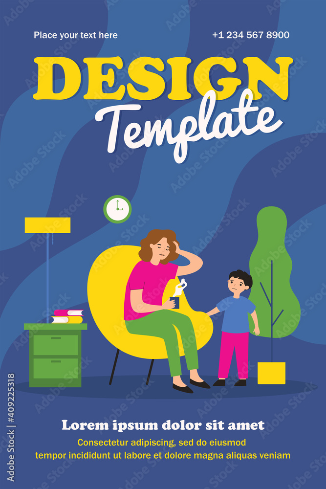 Sick mom suffering from headache. Worried kid, ill mother with hot drink flat vector illustration. Flu, migraine, disease concept for banner, website design or landing web page Sick mom suffering from headache. Worried kid, ill mother with hot drink flat vector illustration. Flu, migraine, disease concept for banner, website design or landing web page