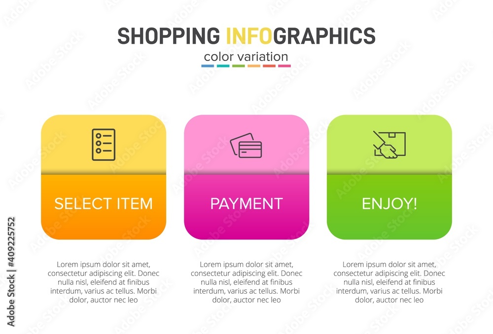 Concept of shopping process with 3 successive steps. Three colorful graphic elements. Timeline design for brochure, presentation, web site. Infographic design layout.