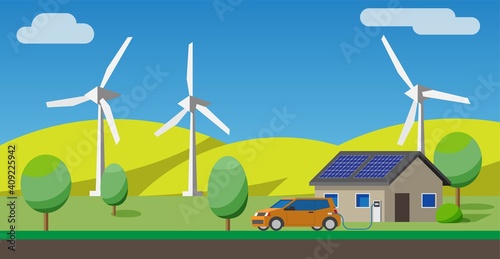 Electric car charging at the charger at house, solar panels, wind turbines in background.