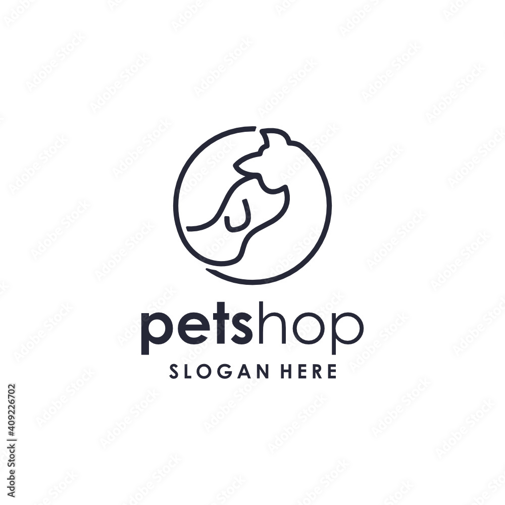 PetShop Logo Design. Abstract Line Art Cat and Dog Combination Icon. Simple, Monoline, Clean, Negative Space.