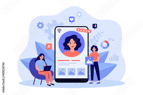 Marketing team working on personal brand, creating corporate identity, advertising profile or web site of female professional. Flat vector illustration for web presence, online identity concept