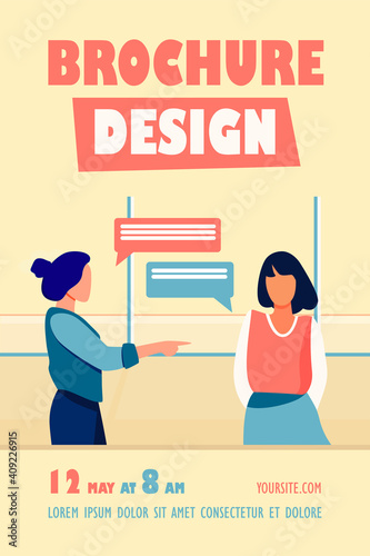 Woman pointing to girl and talking with her. Hand, forefinger, speech bubble flat vector illustration. Communication and conversation concept for banner, website design or landing web page