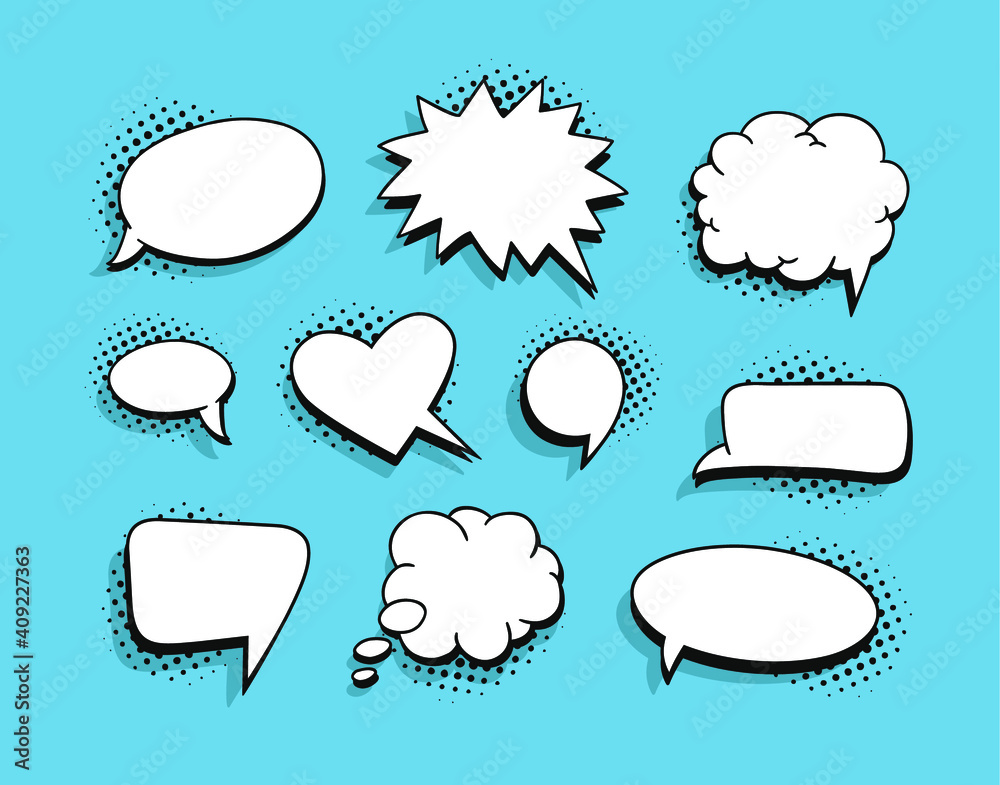 Pop art heart speech bubble without text. Cartoon style vector collection of frames. Comic illustration on blue background Pop art heart speech bubble without text. Cartoon style vector collection of frames. Comic illustration on blue background