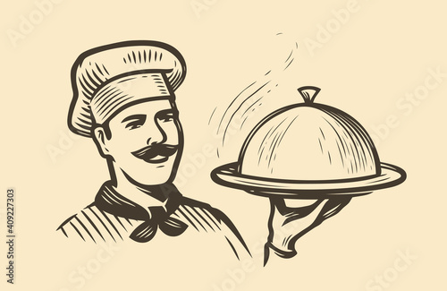 Chef holding platter. Restaurant, food concept sketch vintage vector illustration