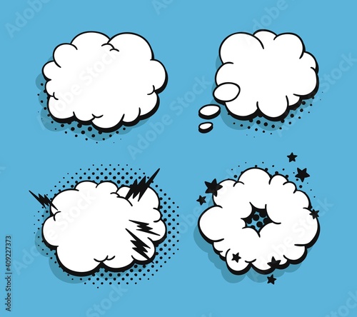 Wallpaper Mural Pop art speech bubble without text. Cartoon style vector collection of frames. Comic illustration on blue background Torontodigital.ca