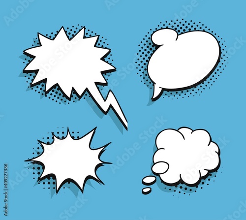 Pop art speech bubble without text. Cartoon style vector collection of frames. Comic illustration on blue background