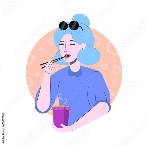 Modern woman enjoying Chinese food on white background. She holding her chopsticks and eating noodle wok Chinese food box. Vector flat illustration.