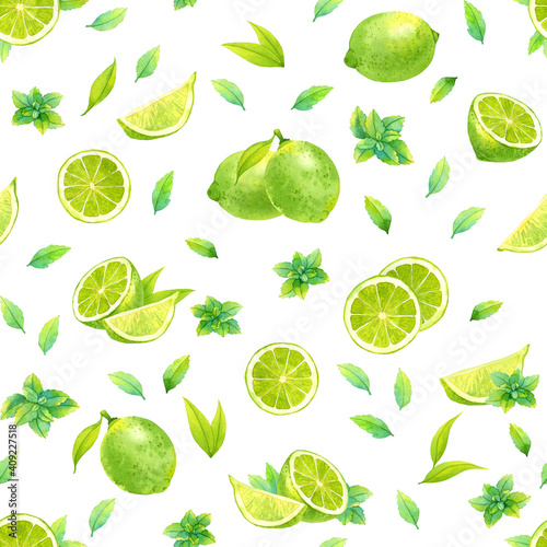Isolated seamless watercolor pattern with lime and mint on white background