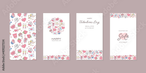 Valentine's day backgrounds. Collection of backgrounds decorated with Valentine's day symbols such as hearts, rings, flowers and cupids. Editable templates for social networks and stories. 