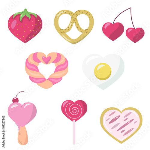 Cute food look like heart set. Heart shaped food for Valentine's day isolated on white background. Vector flat illustration.