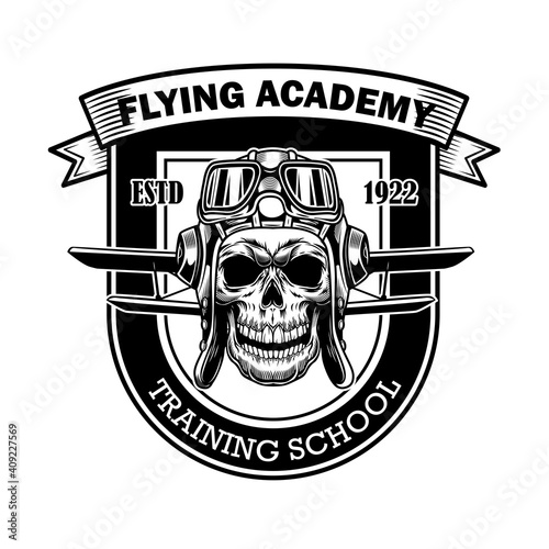 Flying academy badge design. Monochrome element with skull in pilot helmet, plane wings vector illustration with text. Pilot training school concept for labels and emblems templates