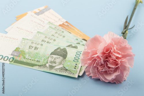 Korea won banknote with envelope isolated on blue background.