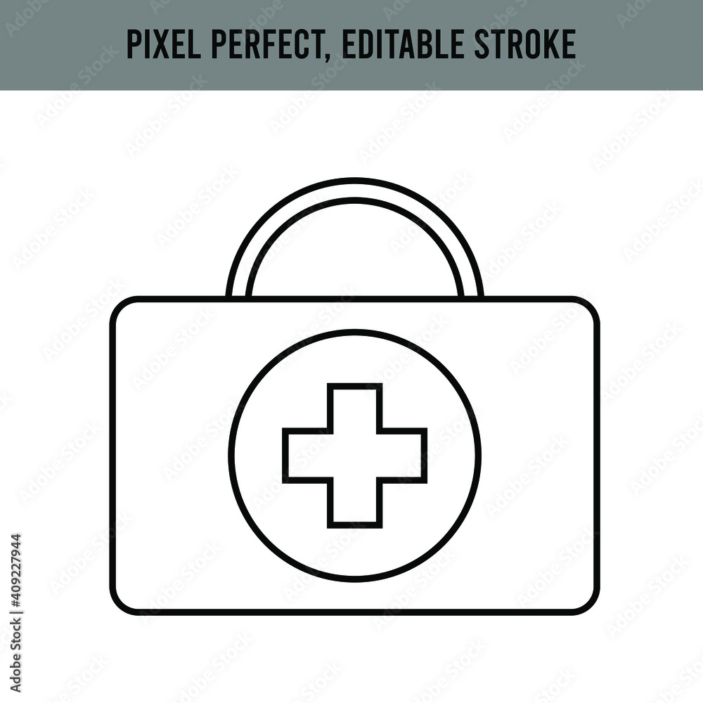Fototapeta premium Linear illustration. Vector illustration. Medical treatment. Isolated on white backdrop. Healthcare concept. Vector sign. Medically suitcase. Editable Stroke.