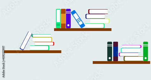 flat illustration of a shelf with books. vector paper books standing on the shelf. wooden shelf on the wall. stacks of books to read