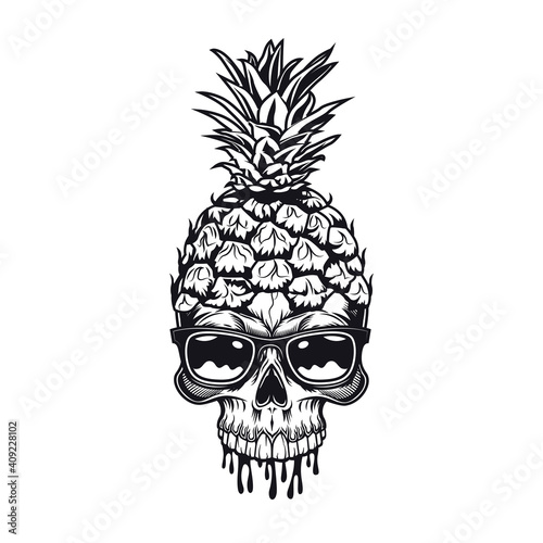 Juicy fruit skull emblem design. Monochrome element with skeleton head in sunglasses and pineapple peel vector illustration. Summer tropical party concept for symbols or tattoo templates