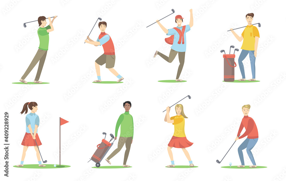 Golf players set. Cartoon people with brassies playing golf on lawn, having fun, enjoying activity. Vector illustration for golf club, hobby, sport, active lifestyle concept Golf players set. Cartoon people with brassies playing golf on lawn, having fun, enjoying activity. Vector illustration for golf club, hobby, sport, active lifestyle concept