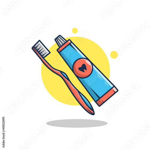 Brush and toothpaste cartoon vector illustration design, flat cartoon style