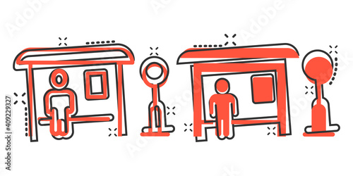 Bus station icon in comic style. Auto stop cartoon vector illustration on white isolated background. Autobus vehicle splash effect business concept.