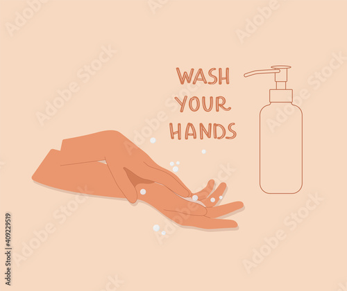 Wash your hands vector illustration, hands with soap foam and lettering, hand written text