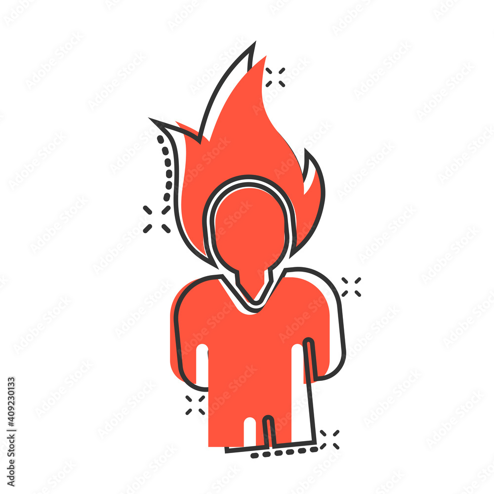 People with flame head icon in comic style. Stress expression cartoon vector illustration on white isolated background. Health problem splash effect business concept. People with flame head icon in comic style. Stress expression cartoon vector illustration on white isolated background. Health problem splash effect business concept.