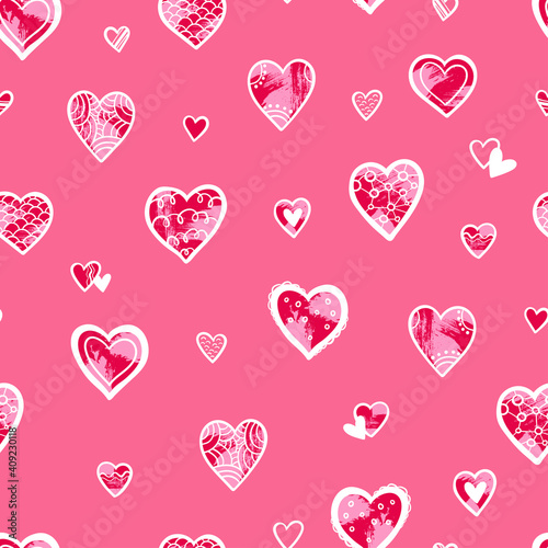 Lovely hand drawn Valentine's Day seamless pattern, cute decorated doodle hearts, great for textiles, banners, wallpapers, wrapping - vector design