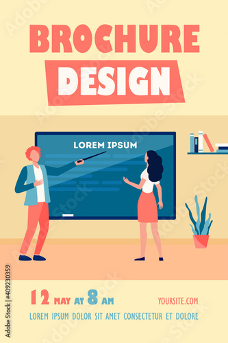 Teacher explaining task to student. Man pointing at blackboard, showing text sample flat vector illustration. Education, class, studying concept for banner, website design or landing web page
