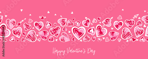 Lovely hand drawn Valentine's Day horizontal seamless pattern, cute decorated doodle hearts, great for textiles, banners, wallpapers, wrapping - vector design