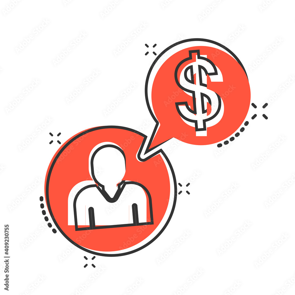 People with money icon in comic style. Investor cartoon vector illustration on white isolated background. Businessman splash effect business concept. People with money icon in comic style. Investor cartoon vector illustration on white isolated background. Businessman splash effect business concept.