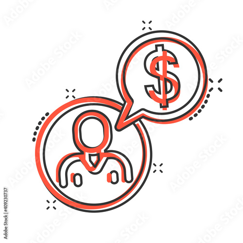 People with money icon in comic style. Investor cartoon vector illustration on white isolated background. Businessman splash effect business concept.