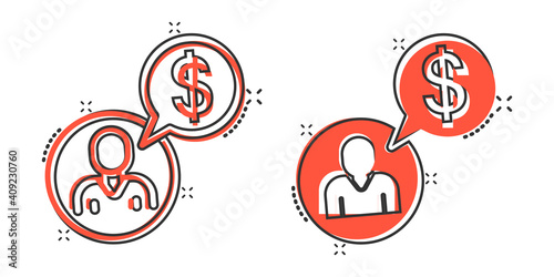 People with money icon in comic style. Investor cartoon vector illustration on white isolated background. Businessman splash effect business concept.