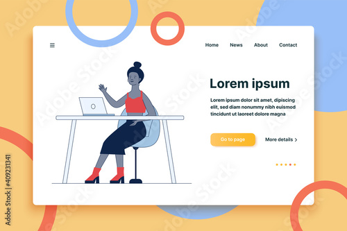 Blogger waving hello at monitor. Woman using laptop for video call flat vector illustration. Communication, blog concept for banner, website design or landing web page