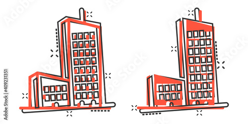 Building icon in comic style. Town skyscraper apartment cartoon vector illustration on white isolated background. City tower splash effect business concept.