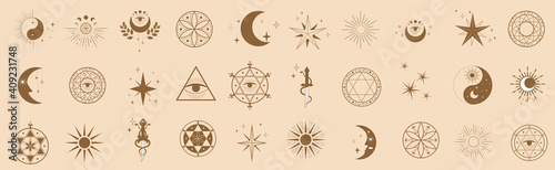 A set of magic symbols, amulets and icons. Vector Elements in minimalist modern flat style for logo, decoration, print.