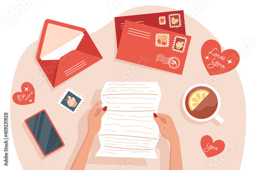 Woman receiving and sending cards and letters for valentine's day, table top view