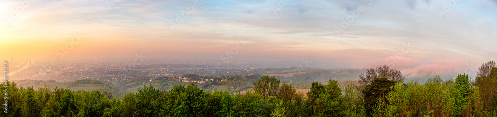 panoramic morning view with Grinzing and skyline of Vienna