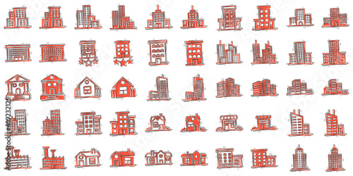 Building icon set in comic style. Town skyscraper apartment cartoon vector illustration on white isolated background. City tower splash effect business concept.