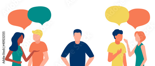 Group of people communicates, ignoring introverted man, outcast. Loneliness, ignorance, discrimination, indifference to teammate. Isolation, rejection of people in society. Vector illustration