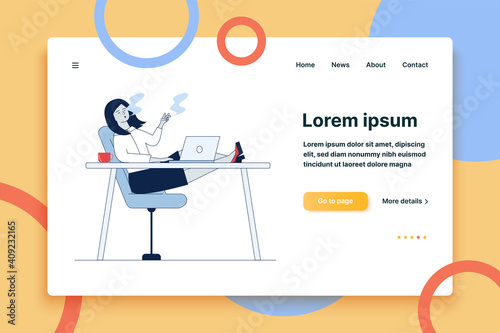 Employee smoking at workplace. Woman with cigarette sitting at laptop flat vector illustration. Addiction, violation of order concept for banner, website design or landing web page