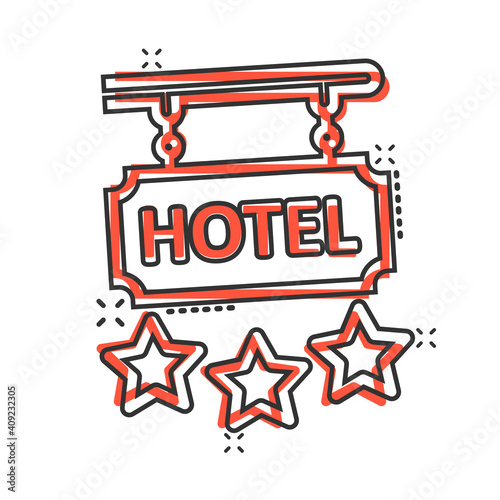 Hotel 3 stars sign icon in comic style. Inn cartoon vector illustration on white isolated background. Hostel room information splash effect business concept.