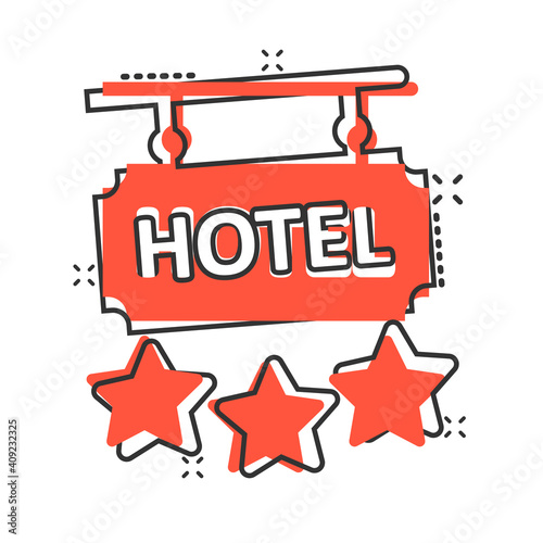 Hotel 3 stars sign icon in comic style. Inn cartoon vector illustration on white isolated background. Hostel room information splash effect business concept.